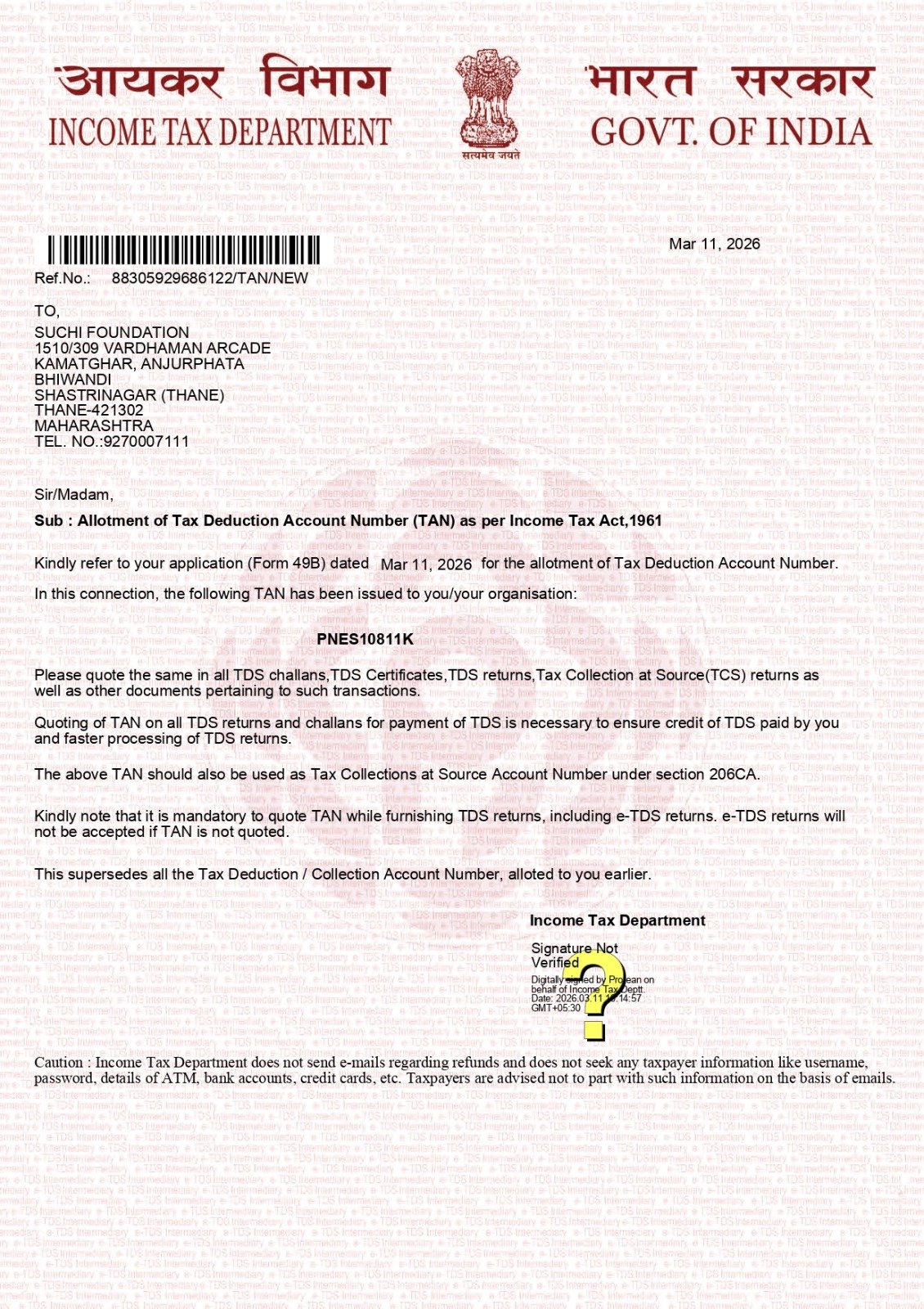 Tan Certificate